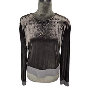 Leith Women's sz Large Black Long Sleeve Velour Velvet Holiday Blouse Top Stones